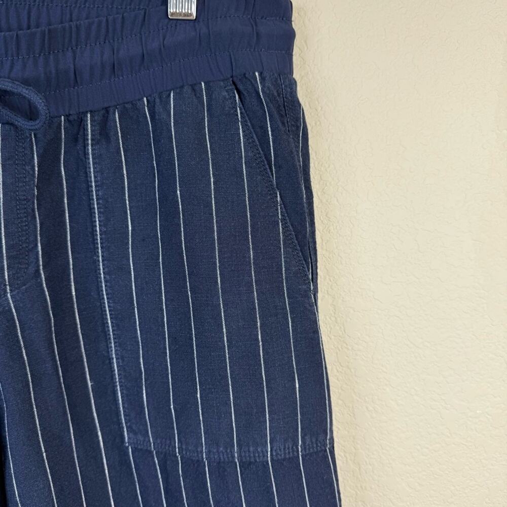 ATHLETA 100% Linen Bali Navy Blue Stripe Wide Leg Drawstring Crop Pants Sz 4 - Picture 7 of 14